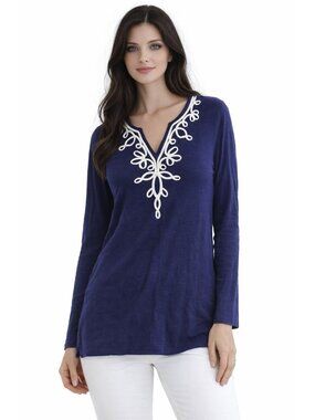 Lilly Pulitzer Navy Blue Long Sleeve Top Embroidered Neckline Small